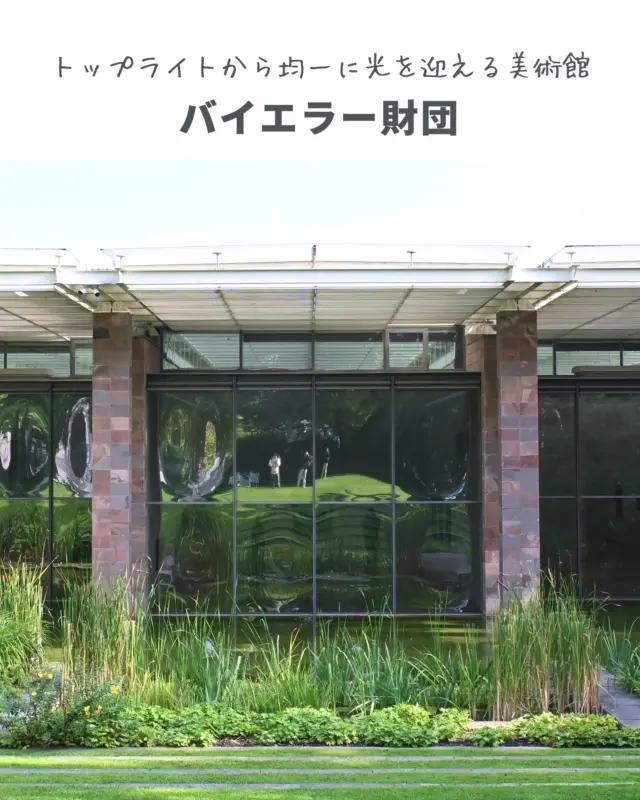 🇨🇭バイエラー財団 / レンゾ・ピアノ（Beyeler Foundation / Renzo Piano）

トップライトから均一に光を迎える美術館
バーゼル郊外の静かな町リーヘンに佇む、バイエラー財団。
絵を見ることが、こんなにも気持ちいいなんて——そう感じさせてくれる、美術館です。
設計は、自然光をとり入れる名手、レンゾ・ピアノ。

この建物の一番の特徴は、天井にしつらえたトップライト。
やわらかく拡散された光がふんわりと降り注ぎ、時間帯や天気にかかわらず、作品をやさしく包みこみます。
外の景色は、ぼんやりと透ける曇りガラスの向こうに。
庭の緑や水盤が、展示空間にそっと静けさを添えてくれます。

素材は石とガラス。形はごくシンプル。だけど、歩いていると、なんだか気持ちが整っていく感じがします。
作品と光と空間が自然に寄り添っていて、「見る」という行為がとても心地いい。
ここでは、美術館そのものがアートの一部になっているようです。

＿＿＿＿＿＿＿＿＿＿＿＿

🇬🇧A museum that welcomes light through the roof—and calms you as you walk.

Nestled in the quiet town of Riehen near Basel, the Beyeler Foundation is a gentle space where art and light meet in perfect harmony.
Renzo Piano’s design brings in soft, even daylight through a series of top lights, making every visit feel bright yet serene.

The artworks rest in calm, bathed in natural light, with blurred views of gardens and water outside.
It’s a museum that doesn’t overwhelm—it simply lets you look, feel, and breathe with ease.

Stone, glass, and greenery come together here to create more than a building.
It’s a quiet companion to the art it holds.

＿＿＿＿＿＿＿＿＿＿＿＿

📍バイエラー財団（Beyeler Foundation）
◇ 場所：Baselstrasse 101, 4125 Riehen, スイス
◇ アクセス：バーゼルSBB駅からトラム約25分「Fondation Beyeler」下車
◇ 設計：レンゾ・ピアノ（1997年開館）
◇ 特徴：トップライトによる自然光｜ぼんやり景色が透ける曇りガラス｜庭と建物がつながる｜光に導かれる展示空間

※展示・開館情報は公式サイトでご確認ください。

＿＿＿＿＿＿＿＿＿＿＿＿

📌 自然光の美術館を訪ねたいなら、ここもぜひ。
Save this post for your next design-inspired trip.

#バイエラー財団 #レンゾピアノ #スイス建築 #美術館巡り #建築探訪 #光の建築 #環境建築 #環境設計 #ArchiTrip
#BeyelerFoundation #RenzoPiano #SwissArchitecture #MuseumDesign #NaturalLight #SustainableArchitecture #ArchitectureLovers #DesignInspiredTravel